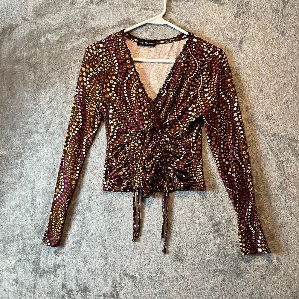 Vintage Y2K Brown Mesh Ruched Tie Front Long Sleeve Top Retro Floral Boho‎ Small